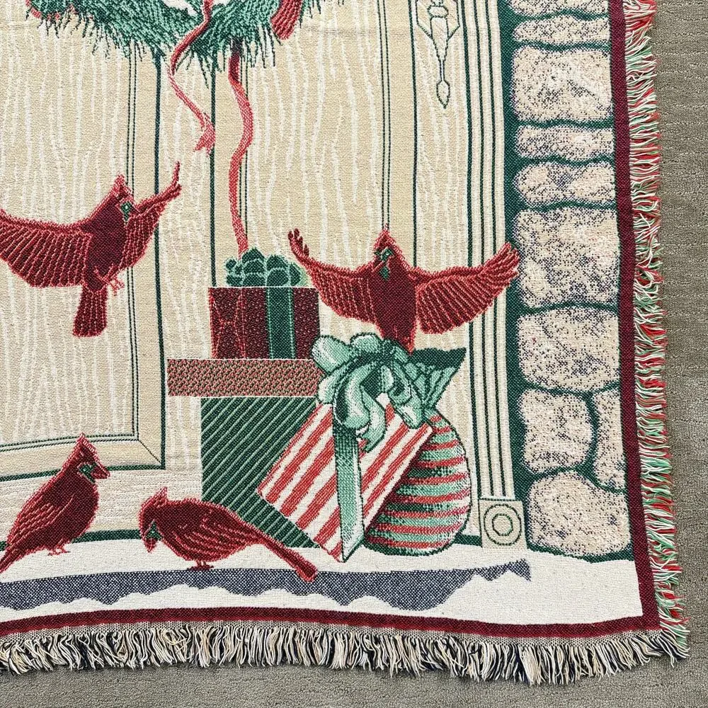 Vintage MWW 1993 Christmas Woven Tapestry Throw Blanket Wreath Cardinals 48 x 66